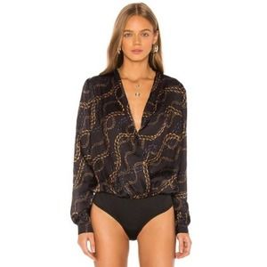 L'Academie Womens The Long Sleeve Bodysuit Chain Print Size S Black/Gold